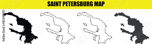 Saint petersburg map set with different styles solid black, outline and dotted map on transparent background
