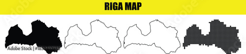 Riga map vector collection including solid silhouette outline stroke and dotted pattern shapes for latvia capital projects