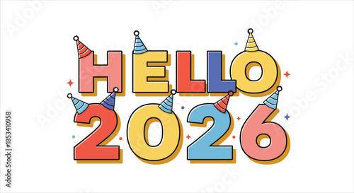 Hello 2026 New Year Celebration Party Hat Graphic Illustration
