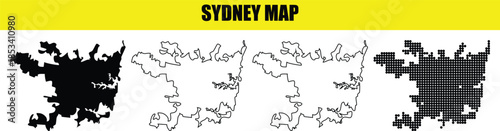 Sydney map set with different styles solid black, outline and dotted map on transparent background