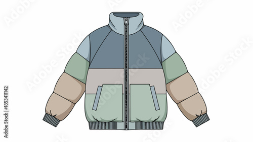 Colorful illustration of a zip-up jacket with a mix of blue, green, beige, and gray colors on a white background.