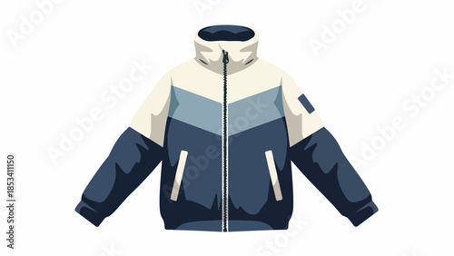 Colorful illustration of a zip-up jacket with blue and white sections on a plain white background.