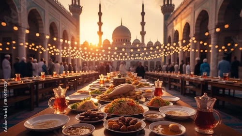 Traditional iftar feast at sunset in a beautiful mosque courtyard