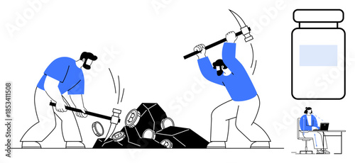 Cryptocurrency mining concept. Workers breaking blocks of data with tools while a digital miner works on a computer. Cryptocurrency mining explained for blockchain, digital assets, fintech