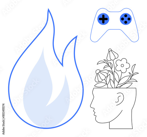 Flame symbolizing passion, human head with growing flowers representing mindful creativity, and a gaming controller. Ideal for innovation, inner growth, mindfulness, hobbies, self-expression