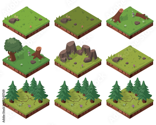 A collection of nine isometric dioramas depicting various natural landscapes with trees and rocks.