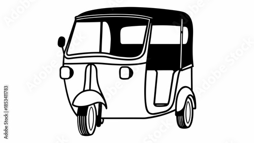 Minimalist black and white line art illustration of a traditional auto rickshaw