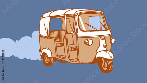 Hand drawn illustration of a classic motorized rickshaw taxi on blue background