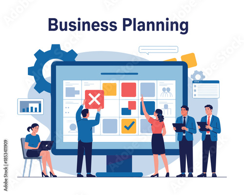 Team members collaboratively create a business plan on a large monitor with a calendar grid.