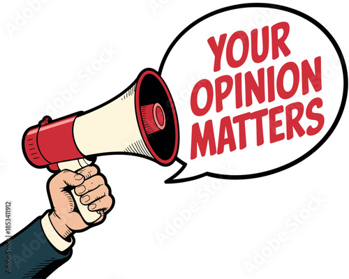 A hand holds a megaphone with a speech bubble saying 'Your Opinion Matters'