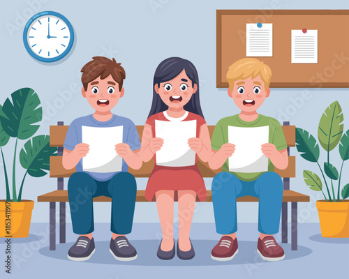 Three people sit on a bench holding papers, waiting for something.