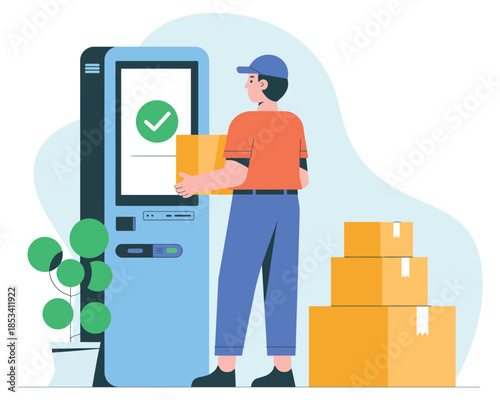 Delivery person placing a package at a self-service kiosk with a green checkmark confirmation.