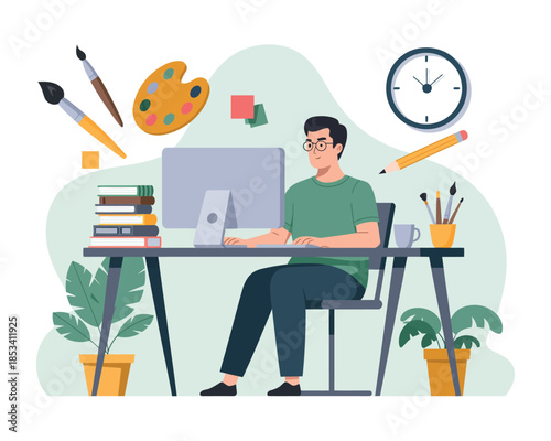 A man is working at his desk with art supplies and a computer.