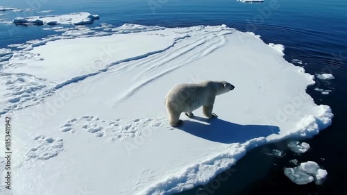 Solitary polar bear walks across melting ice floe highlighting critical arctic climate change and environmental concerns