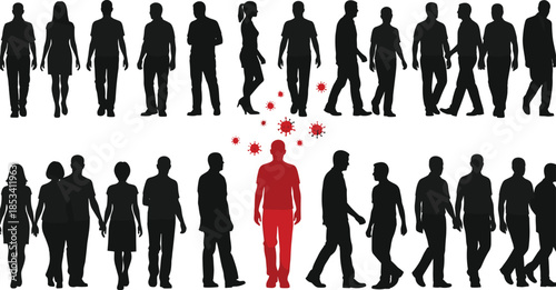 Infected Person Spreading Virus Disease to Crowd of People Vector Silhouette Illustration