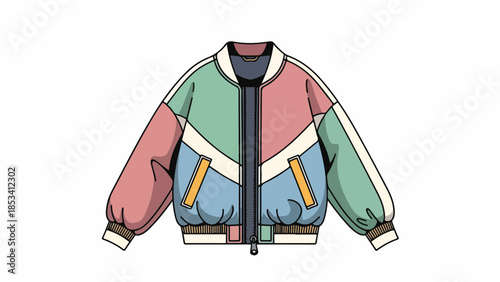 Colorful illustration of a zip-up jacket with pink, green, blue, and white panels on a plain white background.