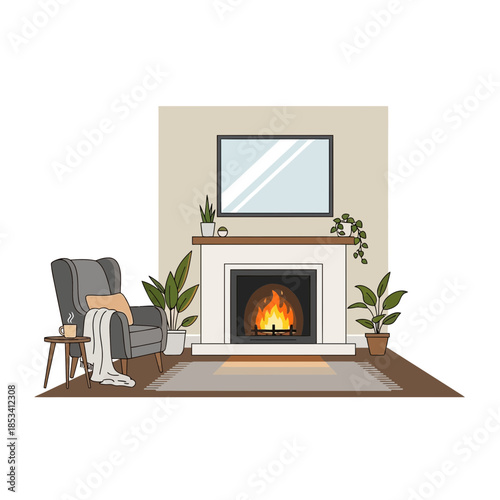 Cozy Living Room Fireplace Scene with Armchair and Plants Illustration