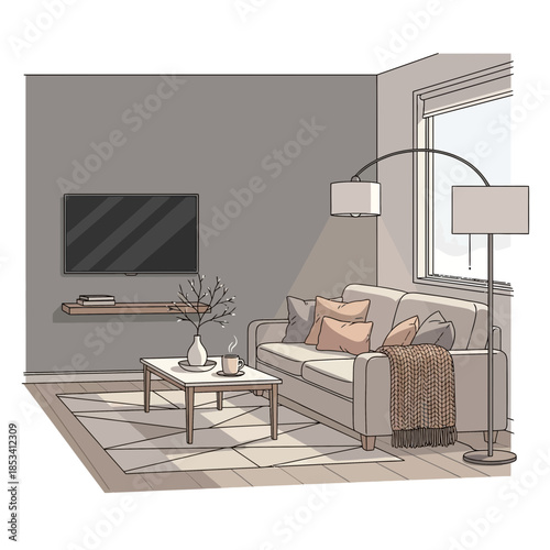 Cozy living room interior sketch with sofa, coffee table, lamp and TV.