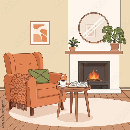Cozy Living Room Scene: Armchair, Fireplace, Book, and Coffee