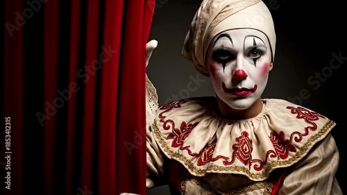 Mysterious Pierrot Clown Peeks From Behind The Red Stage Curtain.