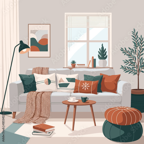 Cozy Living Room Interior with Sofa, Pillows, Blanket, and Coffee Table - Modern Home Decor