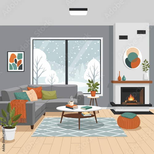 Cozy Living Room with Fireplace and Snowing Window View