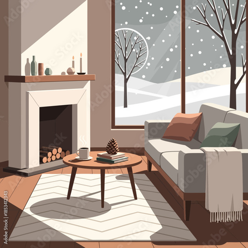 Cozy living room with fireplace and winter snow scene outside window