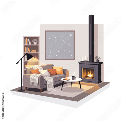Cozy Living Room with Fireplace, Sofa, Bookshelf, and Lamp - Illustration
