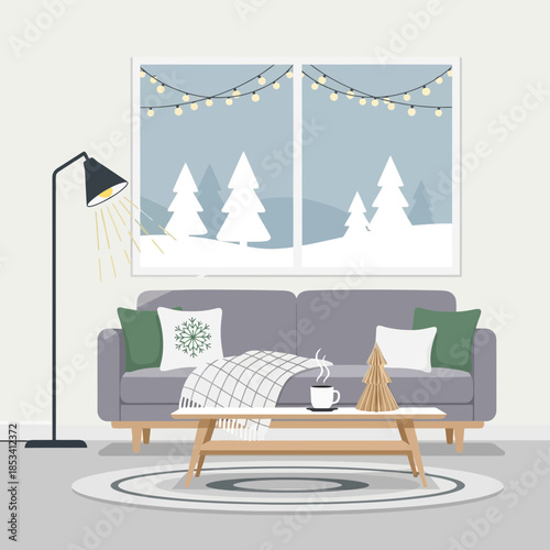 Cozy Living Room with Winter Scene Window and Christmas Lights