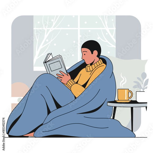 Cozy person reading a book wrapped in a blanket with a hot drink by the window