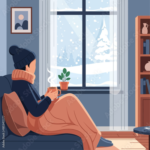 Cozy person wrapped in blanket with hot drink looking at snowy winter window