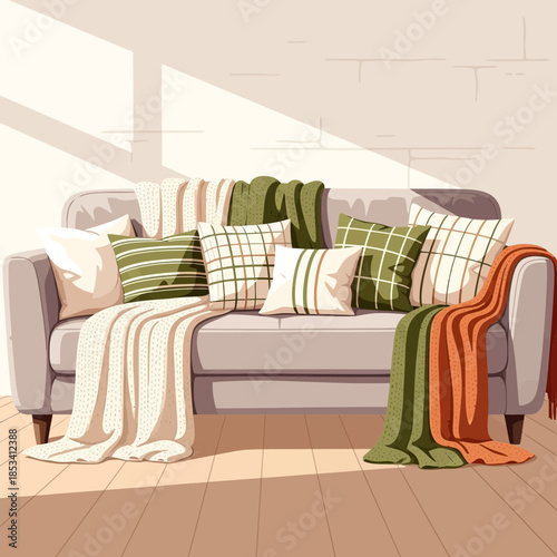 Cozy Sofa with Patterned Pillows and Blankets in Sunlight