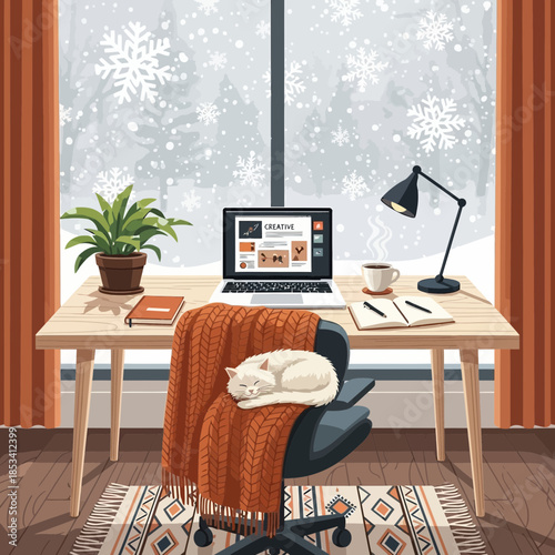 Cozy Winter Home Office Scene: Cat Napping on Chair, Snow Falling Outside Window
