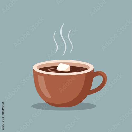 Hot Chocolate with Marshmallow in a Mug, Steaming, Cozy Drink, Flat Illustration