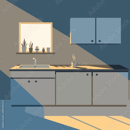 Modern Kitchen Countertop with Plants and Coffee, Morning Light Rays