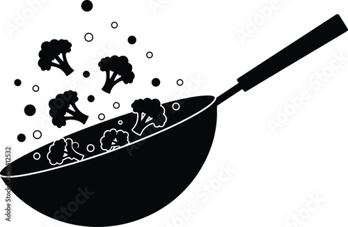 Minimalist black silhouette featuring a deep wok pan with a long handle and broccoli florets being tossed in the air during cooking.