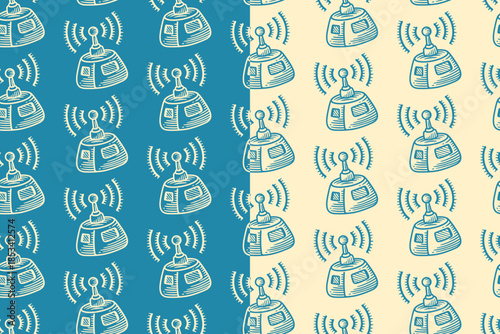 Antenna signal robot hand drawn doodle seamless pattern on blue beige background set for merchandise. Router wireless robot engraving pattern background. Communication space device hatching motif pack