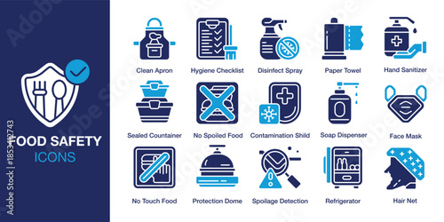 Food Safety Icon set. Containing control, regulation, standard, nutrition, storage and more. Solid vector icons collection. Vector illustration.