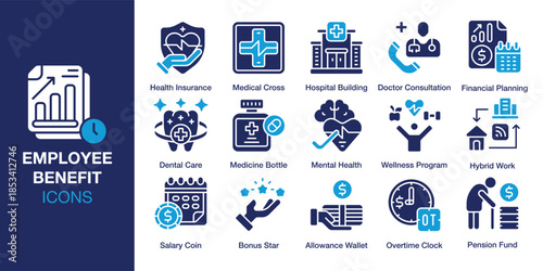 Employed Benefit Icon set. Containing incentive, allowance, overtime, pension, retirement and more. Solid vector icons collection. Vector illustration.