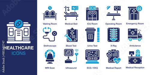 Healtcare Icon set. Containing treatment, diagnosis, therapy, pharmacy, medicine and more. Solid vector icons collection. Vector illustration.