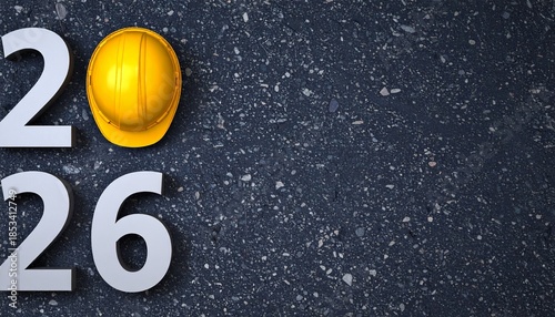 Creative 2026 New Year design template with yellow  and red protective helmet and grey asphalt background. 3D render illustration on an engineering, logistics or road construction theme.