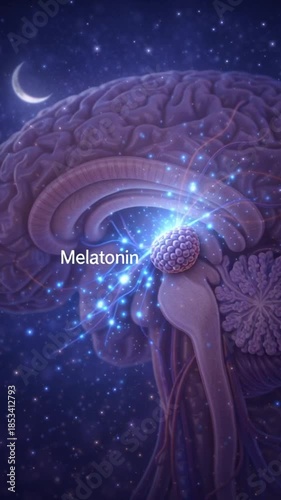 Glowing pineal gland within brain anatomy lights melatonin pathways medical night scene evoking sleep and circadian rhythm while showing melatonin system signals and sleep regulation with neural