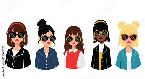 Collection of five diverse women with trendy hairstyles wearing stylish sunglasses and casual outfits in a modern flat illustration.