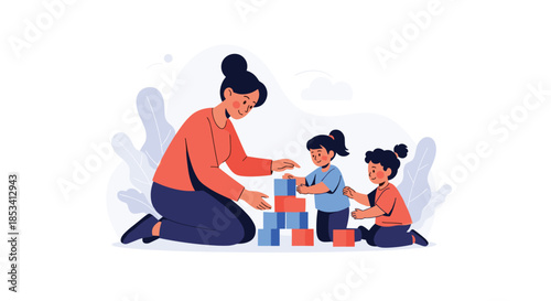 Caring mother or teacher playing with two young children while they build a tower using colorful toy blocks in a cozy home environment.