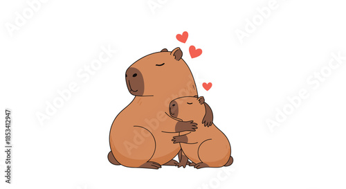 Sweet illustration of a large capybara hugging its young baby with red floating hearts above them in a moment of pure animal affection.