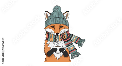Charming fox character wearing a cozy blue knitted hat and a patterned winter scarf holding a warm cup of hot beverage in his paws.
