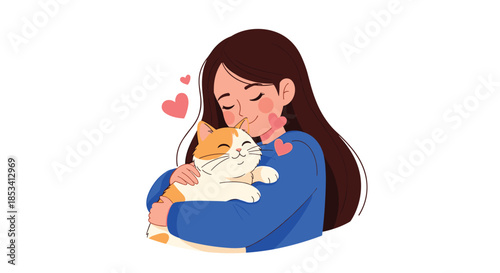 Affectionate young woman with long dark hair hugging her fluffy ginger and white cat while surrounded by small floating red heart symbols.