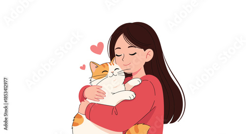 Loving young woman in a red sweater cuddling her ginger and white cat with small red hearts floating around them on a white background.