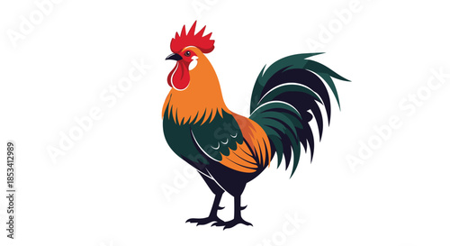 Detailed colorful illustration of a rooster with vibrant orange and green feathers and a bright red comb standing on a white background.