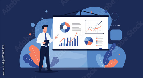Businessman presenting various data charts and financial graphs on a large screen in a modern flat illustration with blue background elements.